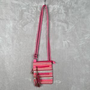 America And Beyond Crossbody Purse Pink Striped Embroidered Tassel Boho Festival